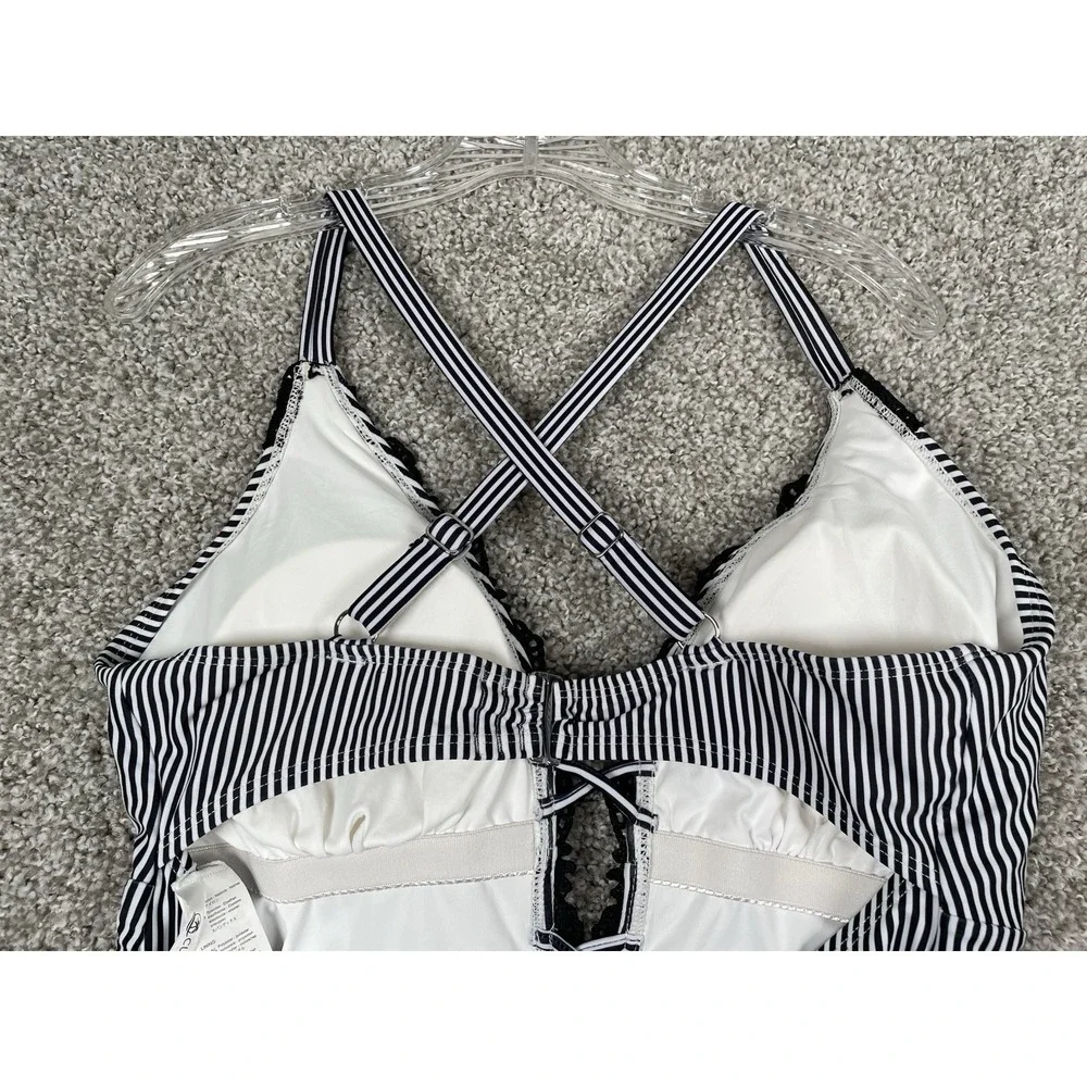 Cupshe Wish You Well One Piece Swimsuit 0X Black White Striped Lace Plunge NWT